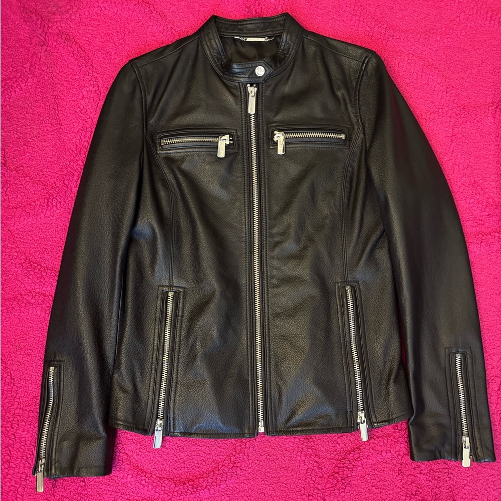 Karl Lagerfeld Black Leather Jacket with Signature Lining
